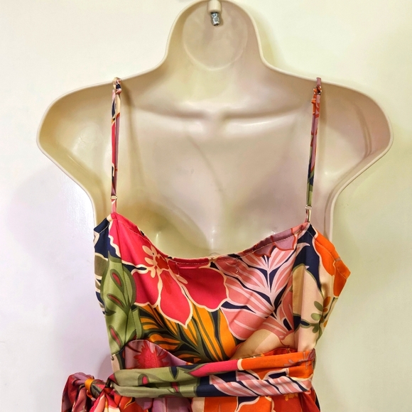 NATIVE CHIC Hot Pink/Green Multi-Color Tropical Satin Wrap Midi Dress, Large - Picture 6 of 16